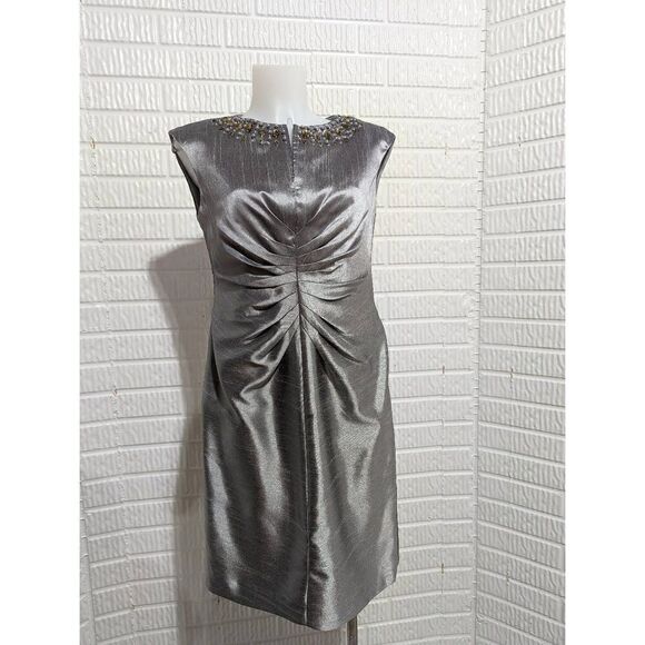 Jessica Howard Women's Silver Beaded Split Crew Neck Sheath Midi Dress Size 12 - Picture 1 of 6